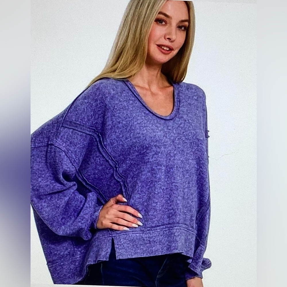 Zenana Fuscia Balloon Sleeve Brushed Hacci Hoodie - Picture 3 of 3